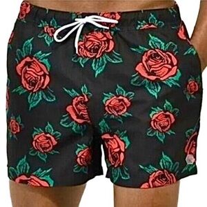 Empyre Ollie Rose Print Swim Trunks Mesh Lined Pockets Surf Skate Black Red XL